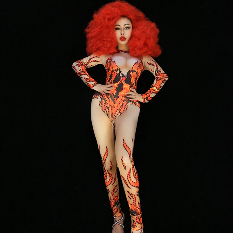 

Jazz Costumes Female Sexy Print Crystal Bodysuit Nightclub Night Singer Dancer DJ Luxury Rhinestone Jumpsuit Stage Costume DT721