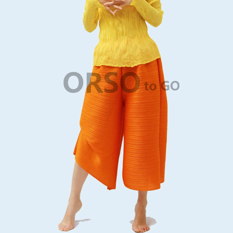 Orange red Changpleat весна новые женские брюки с широкими штанинами Miyak плиссированные модные дизайнерские свободные большие размеры однотонные женский с эластичной талией брюки Tide - Цвет: Orange red