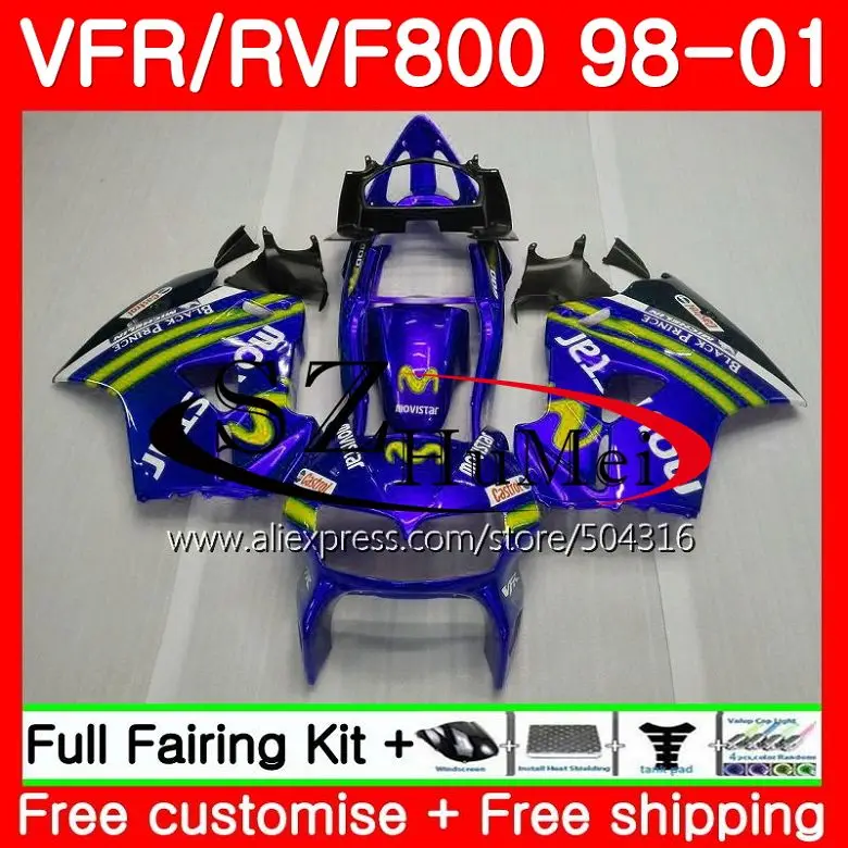 

Kit For HONDA VFR800R Interceptor VFR800 98 99 00 01 112SH.3 VFR 800RR 800 RR VFR800RR Movistar Blue 1998 1999 2000 2001 Fairing