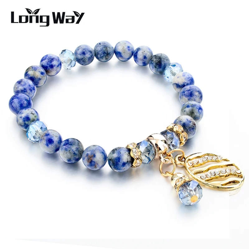 

LongWay Gold Color Oval Pendant Charms Blue Natural Stone Bracelets For Women Crystal Beads Bracelets & Bangles SBR150342
