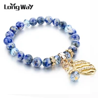 longway gold color oval pendant charms blue natural stone bracelets for women crystal beads bracelets bangles sbr150342