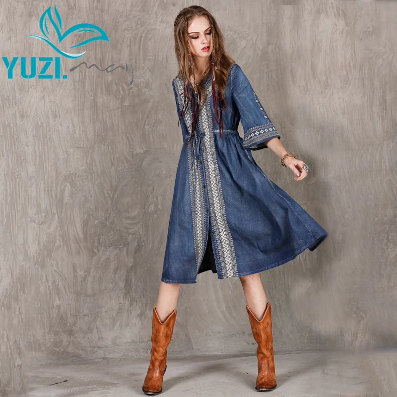 Платье женское осеннее с треугольным вырезом и коротким рукавом|denim women dress|women