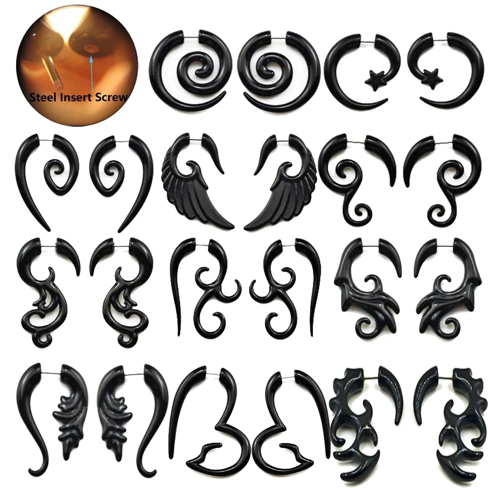 BOG-Pair Black Acrylic Fake Cheater Stretcher Flesh Earrings Punk style Acrylic Spiral Ear Taper Gauges Expanders Tunnel Plugs