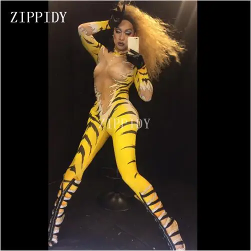 Fashion  Pattern Printed Sexy Skinny Leggings Bodysuit Dancer Show Nigthclub Singer Stage Yellow Printed Rompers