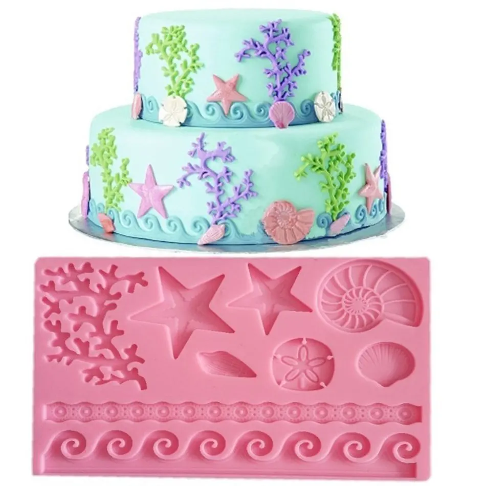 

3D DIY Coral Starfish Shell Lace Fondant and Gum Paste Silicone Mold Bakeware Pastry Decorating Cake Mould Tools