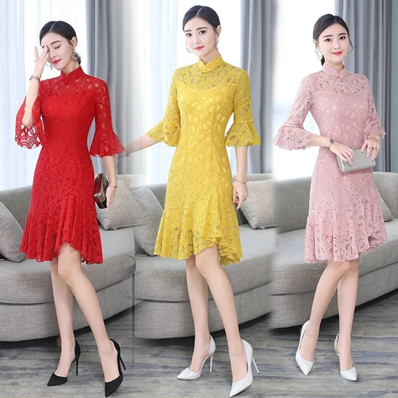 

Summer Lace Cheongsam Dress Short Sleeve Vestidos Vintage Mandarin Collar Silm Traditional Chinese Women Party Qipao Dress M-3XL