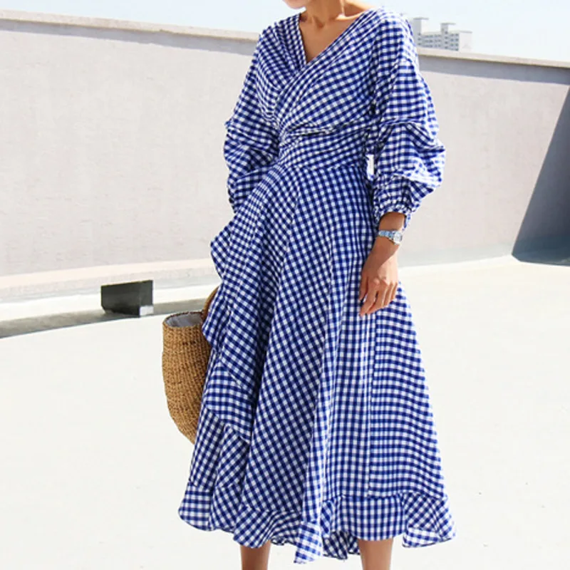 Женское платье с высокой талией LANMREM гофрированный фонарь треугольным вырезом и