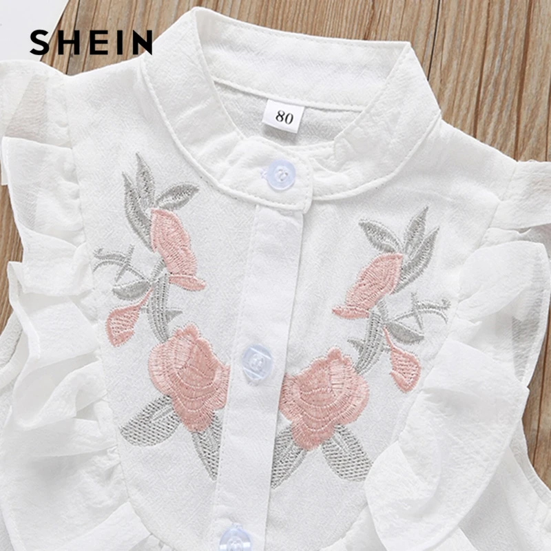 SHEIN/детская блузка с вышивкой и рюшами для маленьких девочек и шорты; милые комплекты; коллекция года; летняя детская одежда без рукавов с завязками на талии