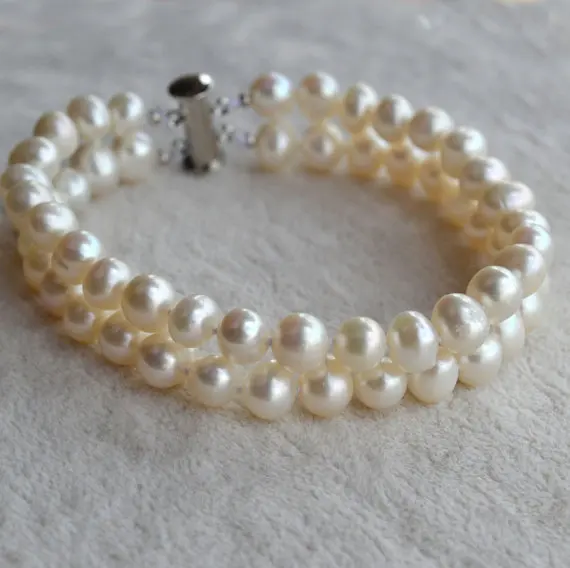 

Perfect Pearl Jewellery,7.5inches 2Rows 6-7mm White Potato Freshwater Pearl Bracelet,Nice Women,Girlfriend Gift Bracelet