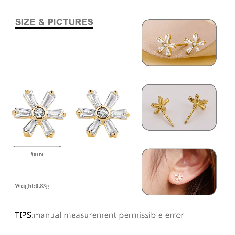 SA SILVERAGE 925 Sterling Silver Flower Stud Earrings For Women Gemstone 18K Gold Color | Украшения и аксессуары