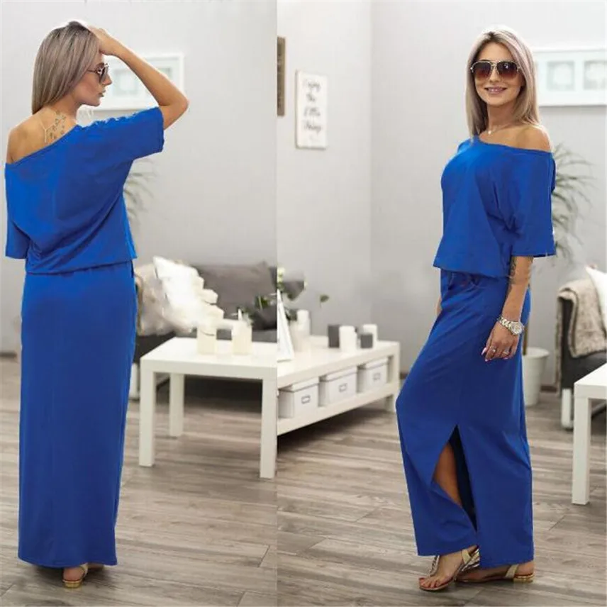 Женское пляжное платье Boho длинное с карманами и коротким рукавом Боковым