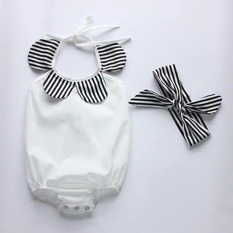 Боди для новорожденных девочек топы без рукавов + повязка на голову с полосатыми