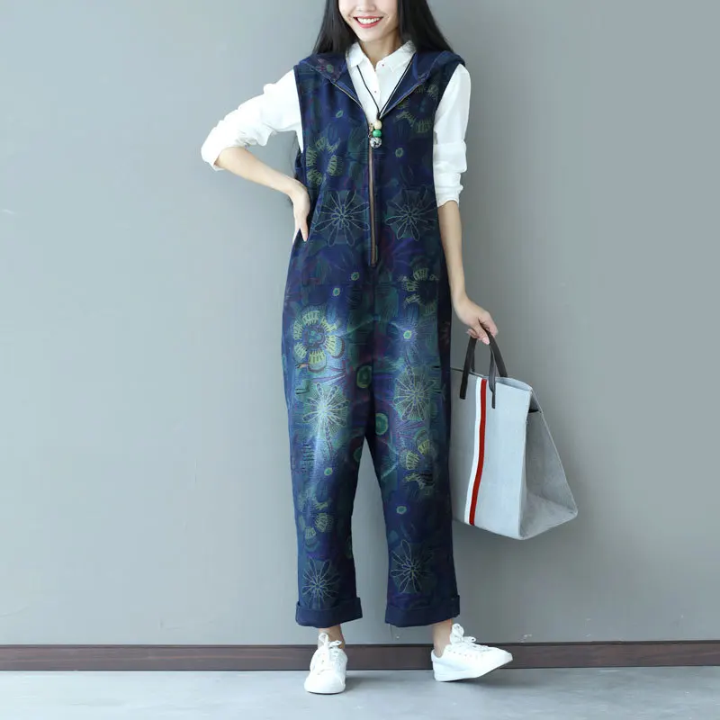Plus Size Denim Jumpsuit Cotton 2019 Autumn Winter Loose Rompers Womens Casual Print Overalls for Women Jeans Woman New |