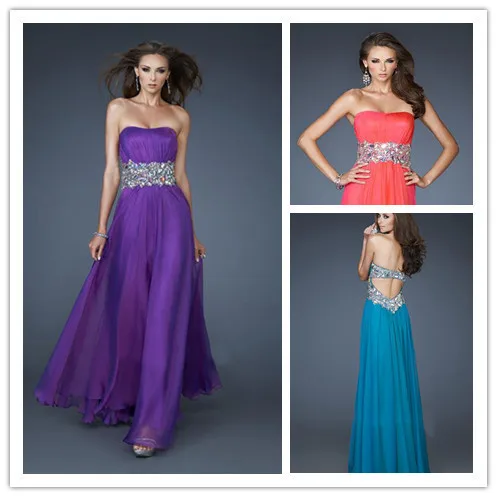 Sparkling Crystal Beaded Belt Strapless Open Back Bodice Purple Red Emerald Green Chiffon Long Prom Dresses Evening Gowns 2014 | Свадьбы и