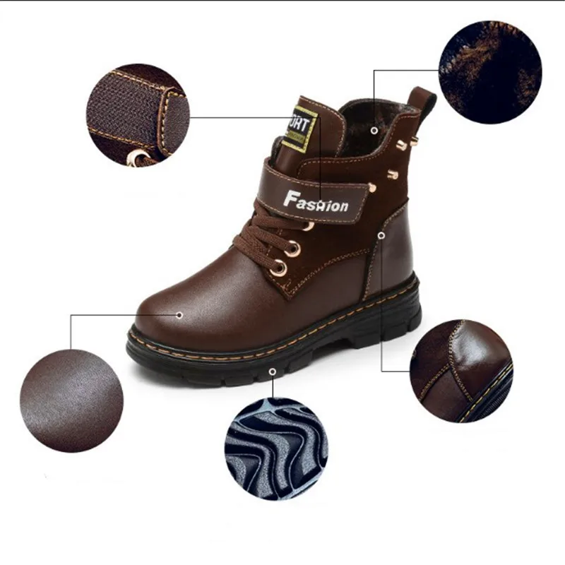 New Children Boots Autumn Winter Genuine Leather School Boy Shoes Fashion Snow Plush Warm Waterproof Kids High-top | Мать и ребенок