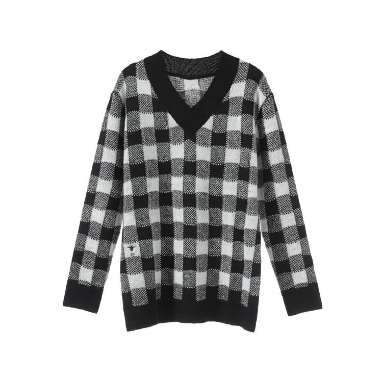 sweater Осенний черно-белый клетчатый вязанный Топ свободный свитер с v-образным вырезом и длинными рукавами Модный женский комплект C162 - Цвет: sweater