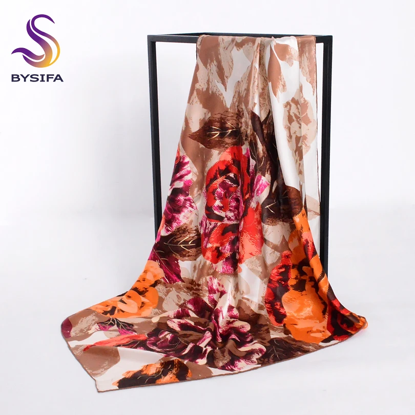 [BYSIFA] New Peony Grey Silk Scarf Autumn Winter Women Square Scarves 90X90cm Mujeres Bufanda Pure Ladies Crepe Satin