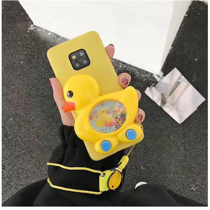 Cute Cartoon Little yellow duck liquid Game machine Phone Case For iPhone XR XS Max lanyard iPone X 6S 7 8 Plus |
