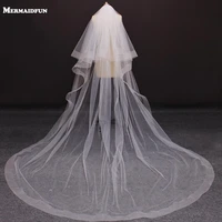 new two layers horsehair edge 3 meters long cathedral wedding veil with comb cover face blusher bridal veil velo de novia