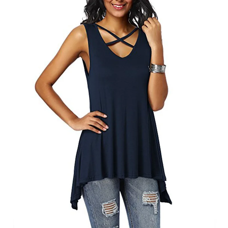 

Новое поступление, модная однотонная женская футболка без рукавов с v-образным вырезом, женские пуловеры