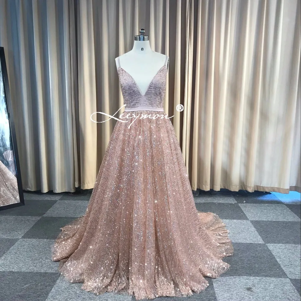 

Leeymon Custom Made Sexy Glitter Deep V-Neck Prom Dresses Elegant A Line Backless Cheap Long Dress for Evening Party