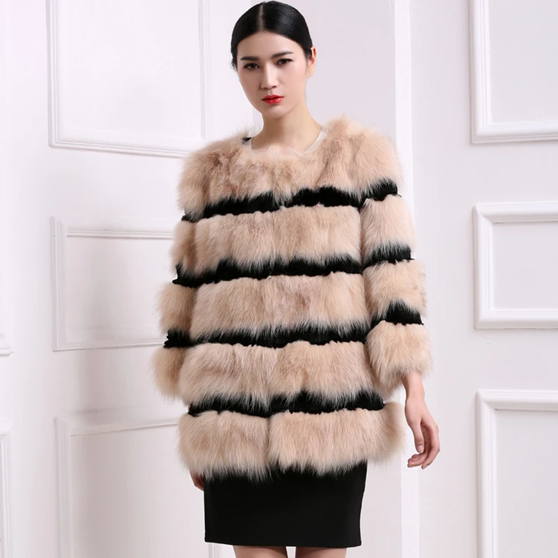 Женское пальто из натурального меха LVCHI однотонное в полоску с длинными рукавами