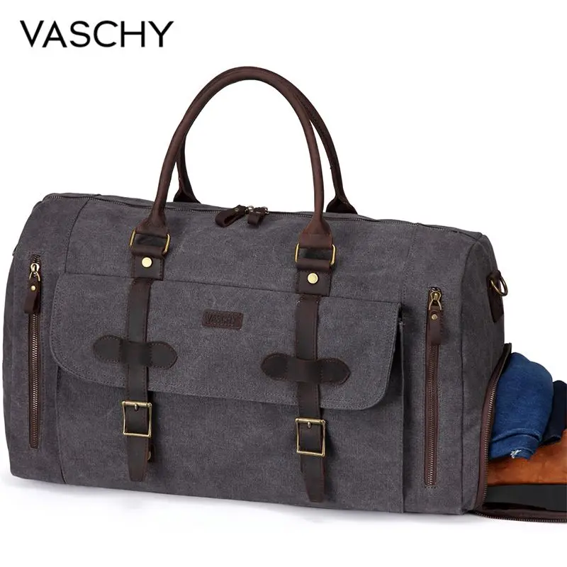 VASCHY Canvas Duffel Bag Water-Resistant Waxed Large Leather Overnight Travel Bag with Shoe Compartment 46L Carry-on Weekend Bag