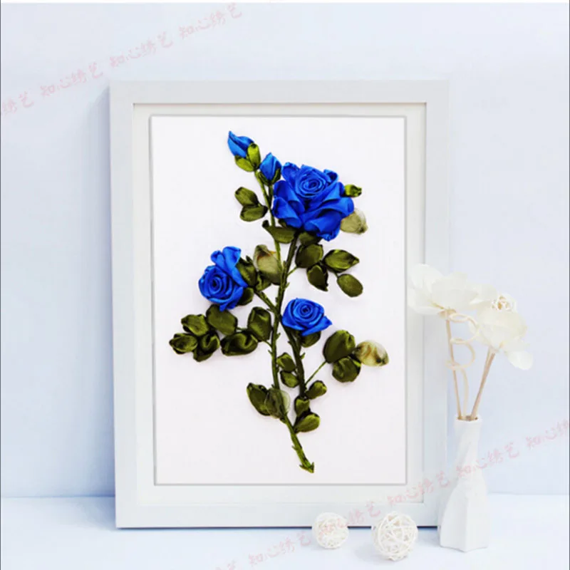 Ribbon embroidery paintings flower blue rose ribbon three-dimensional cross-stitch new arrival wedding kit | Дом и сад