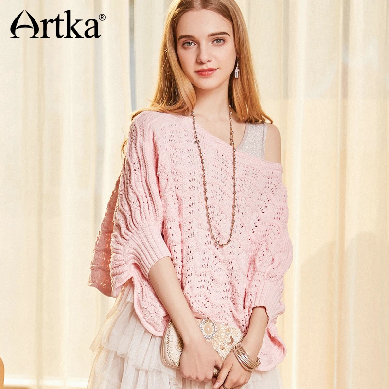 ARTKA Spring&Summer 2018 New Fashion Slash Neck Hollow Lady Pullovers Half Batwing Sleeve Loose Female Knitted Sweater YB10488C | Женская