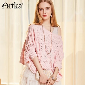 Женский вязаный пуловер ARTKA, Свободный пуловер с вырезом лодочкой и рукавом летучая мышь, весна-лето 2018