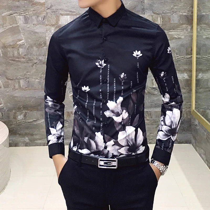 Black 1536 6XL, 19 цветов, модная повседневная приталенная Мужская рубашка с длинным рукавом и принтом из бутика/Высококачественная Мужская Клубная рубашка на выпускной - Цвет: Black 1536
