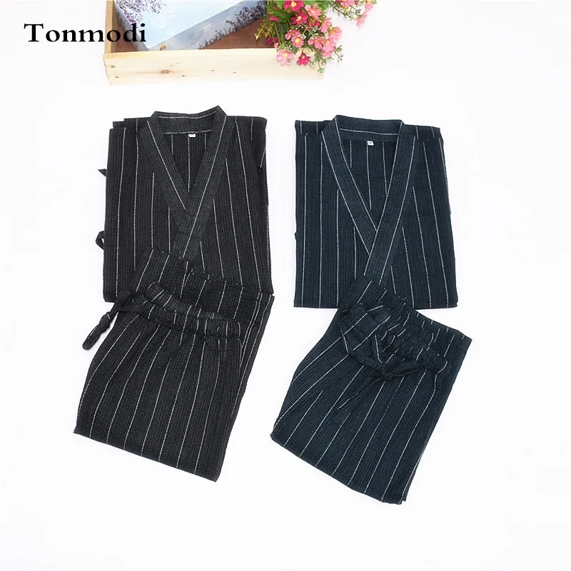 

Kimono Pajamas For Men 100% Cotton Cloth Kimono Stripe Robe Short-Sleeve Half Pants Pyjamas Men Lounge Pajama Set