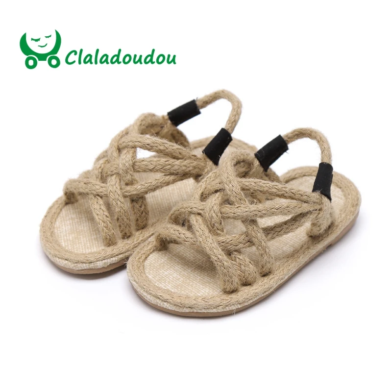 Claladoudou/14-18,5 см; брендовые модные сандалии из пеньковой веревки; коллекция года; тканые сандалии для девочек; черные мягкие повседневные сандалии для малышей