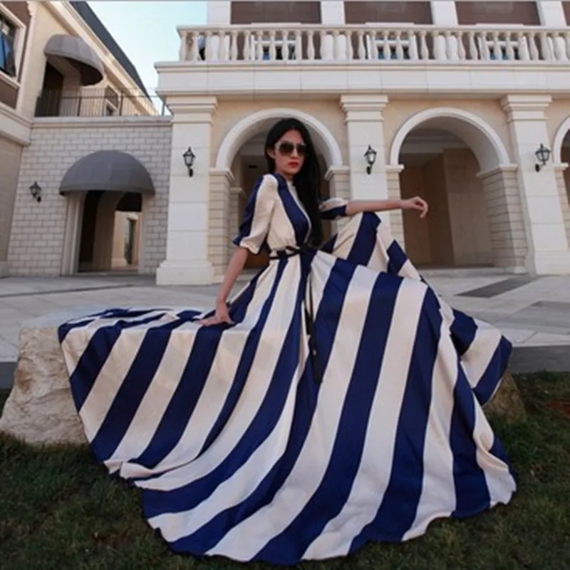 2017 Макси платье женское Элегантное Длинное Платье Полосатое шифоновое большой