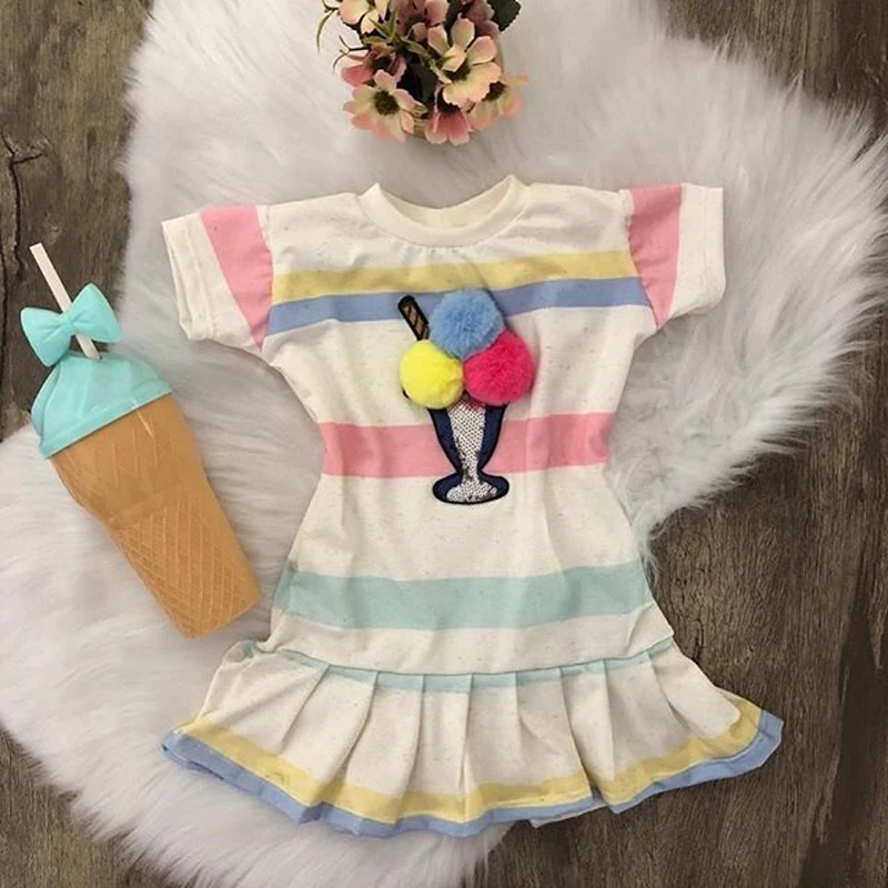 Милые детские платья для девочек летнего периода с короткими рукавами в стиле "мини" с принтами.