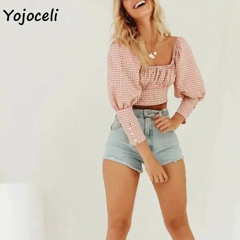 Рубашка Yojoceli в клетку с квадратным вырезом винтажные Короткие топы уличная