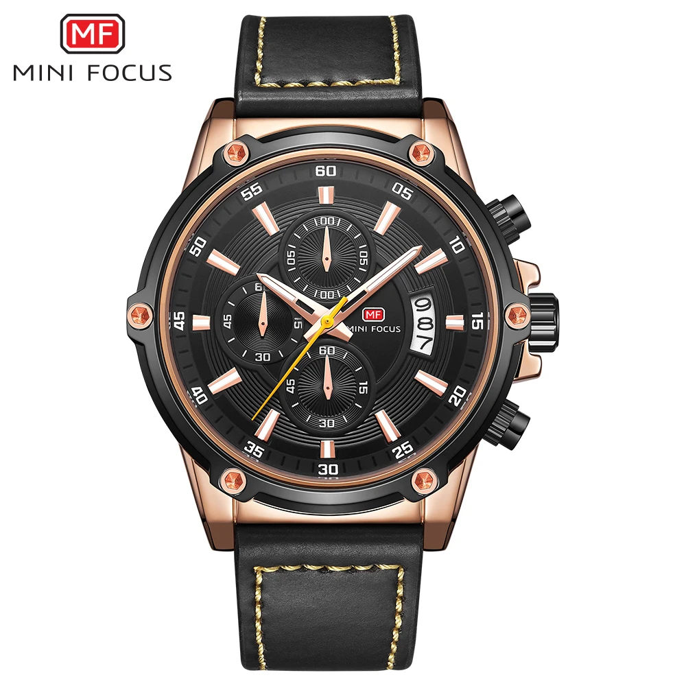 MINIFOCUS мужские часы секундомер Дата светящаяся стрелки из натуральной кожи 30 м