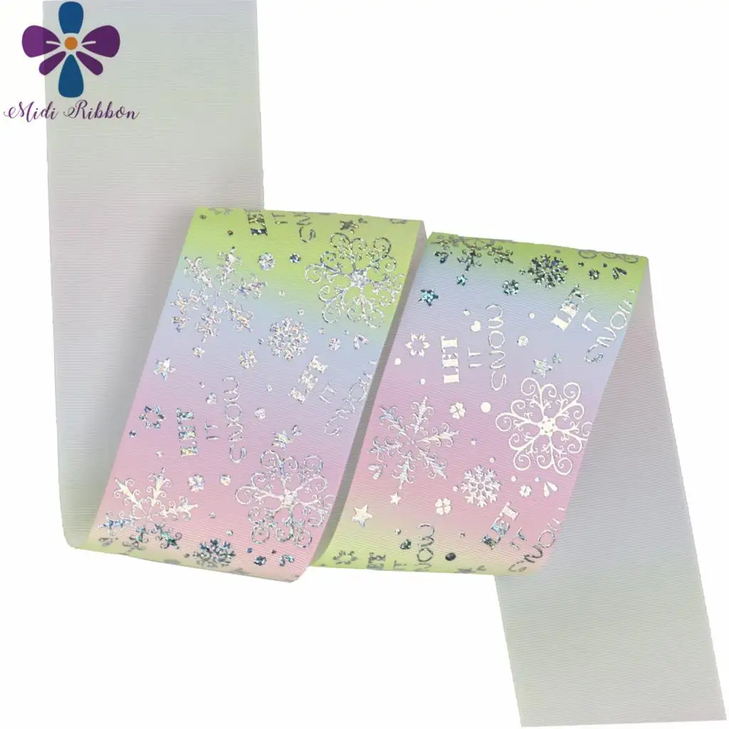 

3"75mm Snowflake Hologram Silver Foil Gradient Color Printed Grosgrain Ribbon DIY Christmas Party Decor Hair Band 50yards/roll