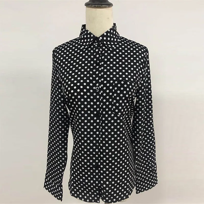 2018 Summer New European and American Women Lapel Shirt Long Sleeves Dot Print Chiffon |
