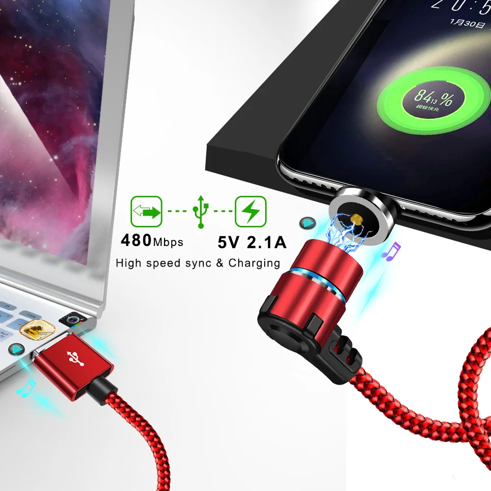 Магнитный зарядный кабель 3 А светодиодный 90 градусов для iPhone XS Max 8 7 6 Plus samsung S10 S9 S8