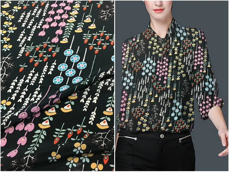 

Children's fun hand-painted flowers digital inkjet large wide silk crepe de Chine fabric new summer floral silkworm silk fabric