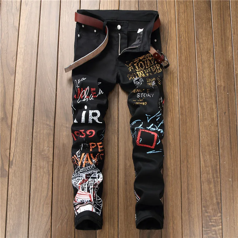 

New Paris Designed Men Floral Slim Black Jeans Print Graffiti Colorful Letter Pants Personal Man Casual Club Street Amazing Jean