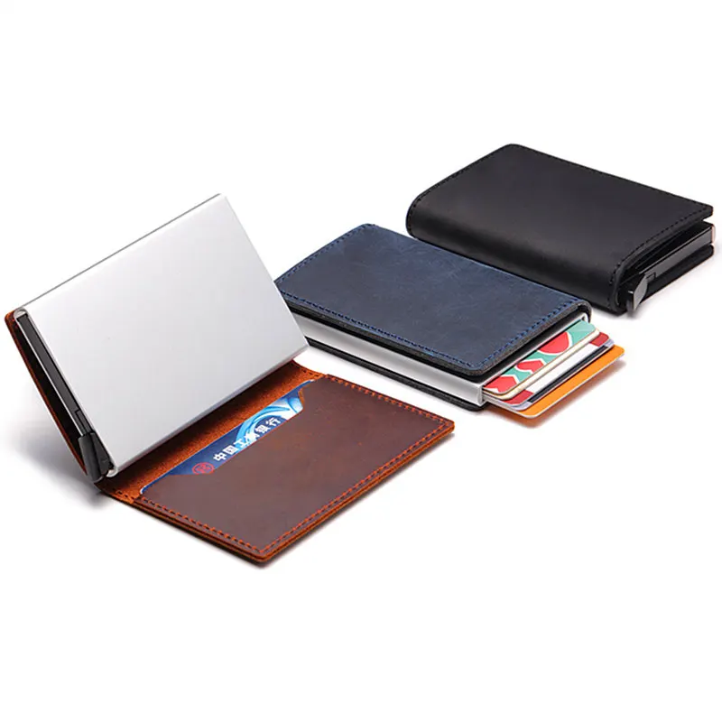 

YAMBUTO 2021 New Genuine Leather Credit Card Holder Fashion Men And Women Metal RFID Vintage Aluminium Box Travel Card Wallet