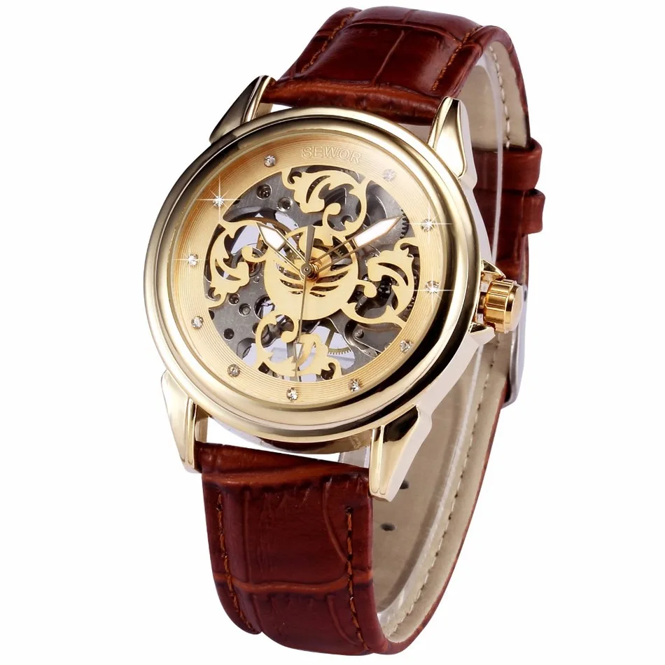 SEWOR Роскошные брендовые Золотые механические часы для мужчин коричневый кожаный