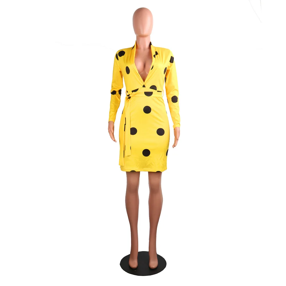 Горошек печати Элегантный футляр для Для женщин Красный Глубокий V шеи с длинным рукавом Бандажное платье пикантные желтые Высокая Талия Sash Мини платье