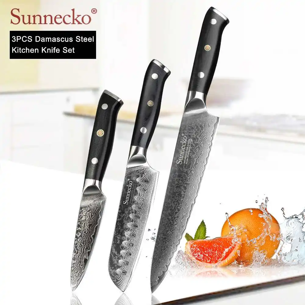 3pcs Set F SUNNECKO дамасский нож шеф-повара Santoku для нарезки овощей нож для стейка нож для хлеба Дамасская сталь набор кухонных ножей G10 Ручка - Цвет: 3pcs Set F