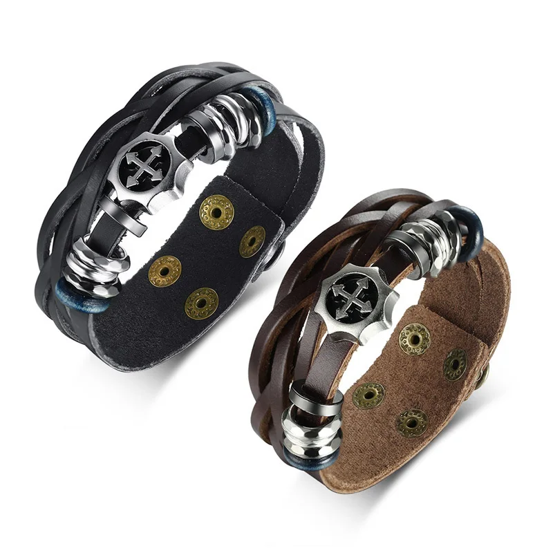 Винтажный плетеный браслет Vnox из натуральной кожи в богемном стиле мужские