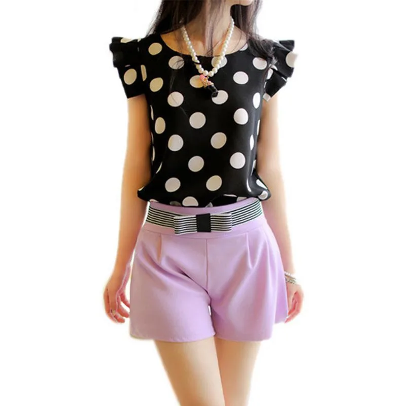 white dots Модная женская Повседневная шифоновая рубашка с коротким рукавом, летние топы черного и белого цвета - Цвет: white dots