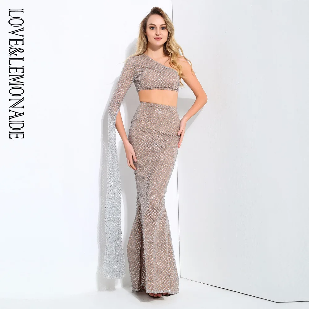 Женский костюм двойка LOVE & LEMONADE серебристый/телесный комплект с рукавами рожками