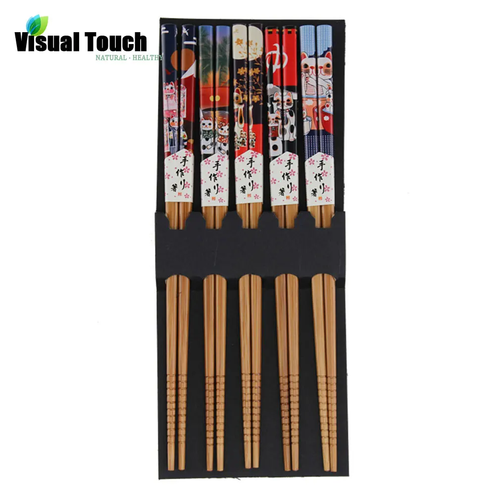Пар деревянных палочек для суши с рисунком кота экологические бамбуковые